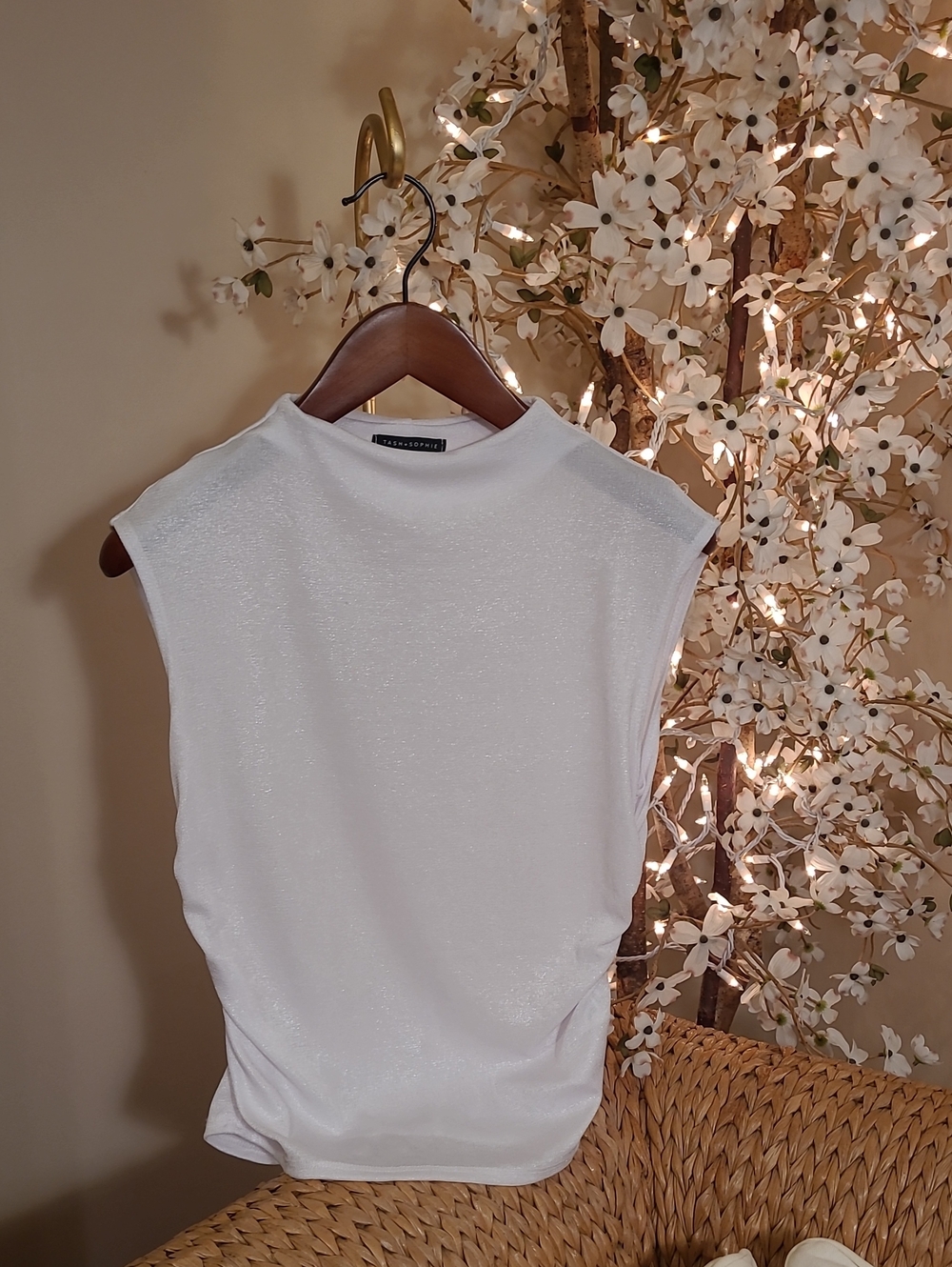 White Shimmer Sleeveless Side Ruched Blouse